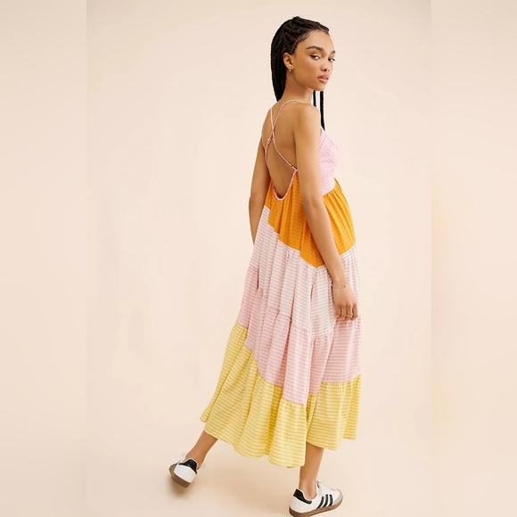 Free People What Love Is Maxi Dress Pink Colorblock Tiered - Picture 2 of 4